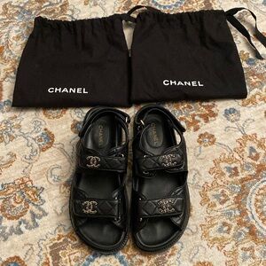 Authentic Chanel Dad Sandals 38C Black Caviar Leather